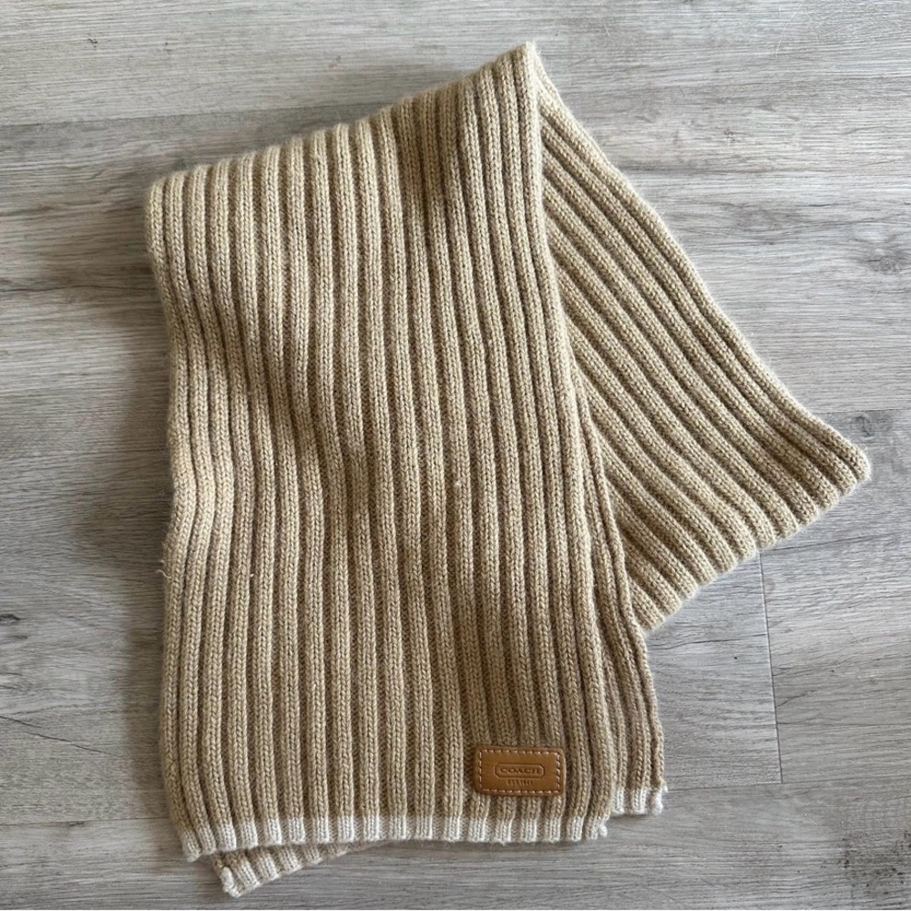 Coach Wool Angora Cashmere Knit Scarf Tan Leather Patch - Picture 2 of 6